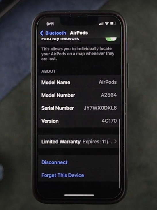 Photo of airpods firmware version on iphone