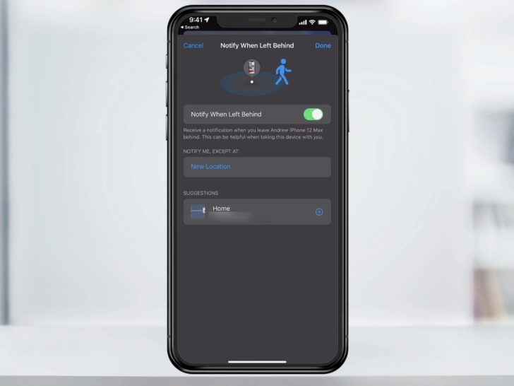 Photo of notify when left behind feature in the find my app of iphone