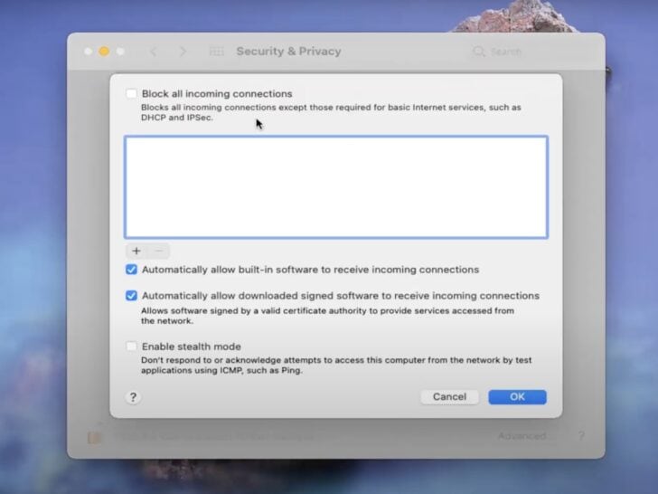 Photo of firewall options in macbook