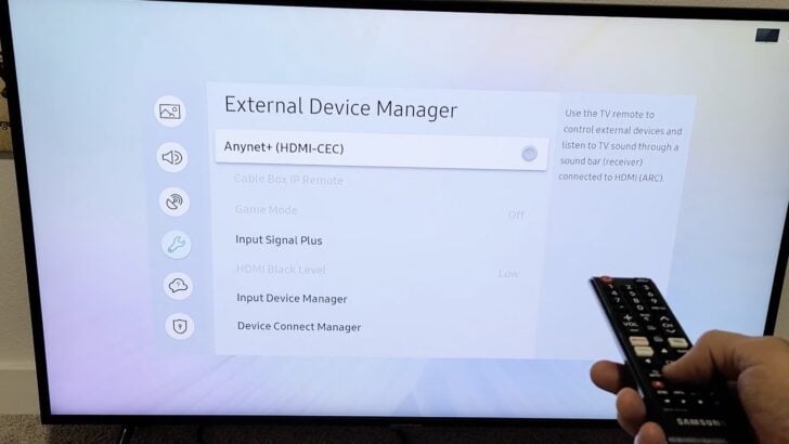 Photo of person disabling anynet+ (hdmi-cec) on samsung tv
