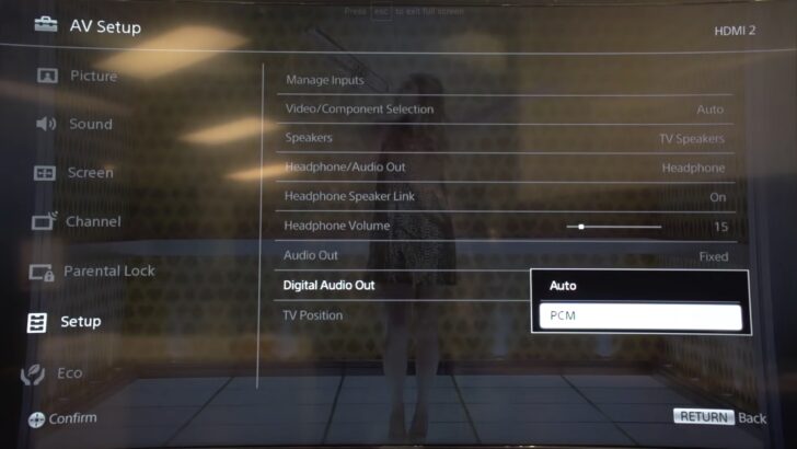 Photo of sony tv av setup, digital audio out and PCM setting