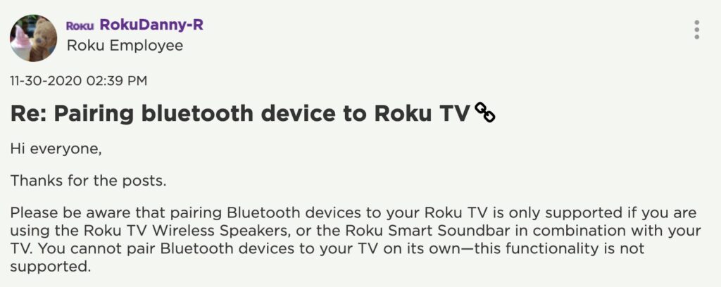 Screenshot of roku employee explaining the bluetooth devices compatible to roku tvs