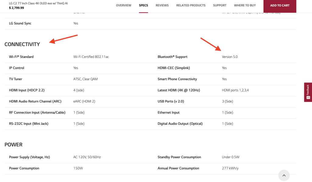 Photo of the connectivity specifications of a particular LG TV model on their website