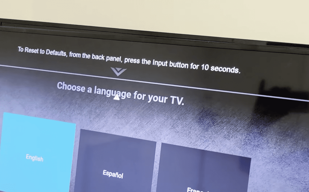 Photo of the screen prompt that appear when a Vizio TV is being reset without the use of remote