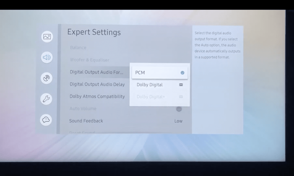 Photo of a samsung tv with pcm as digital output audio format