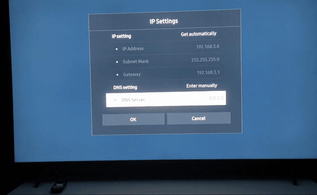 Photo of the IP settings on a Samsung TV