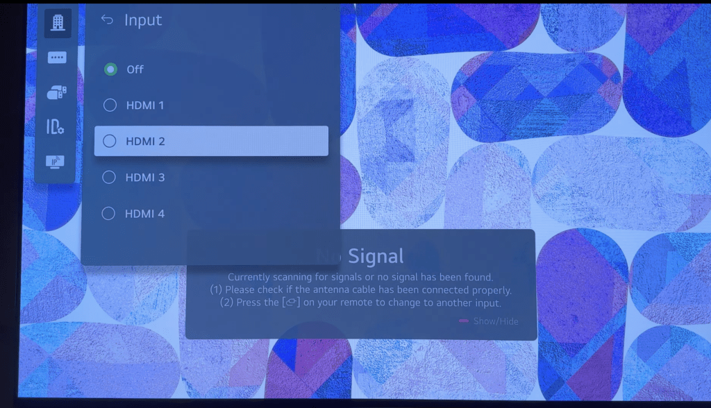 Photo of input source choices on a tv