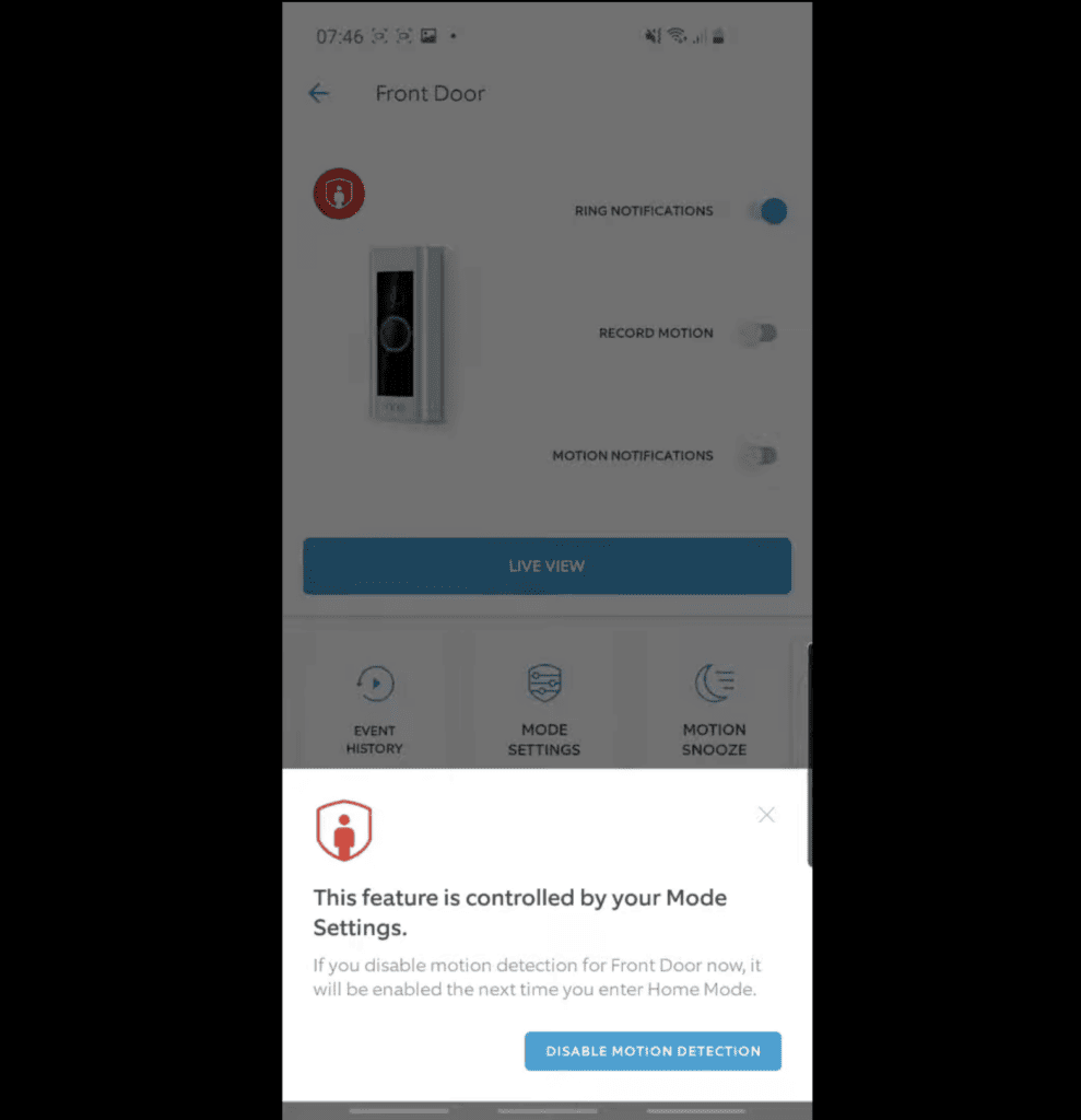 Screenshot of how to disable motion detection in the Ring app