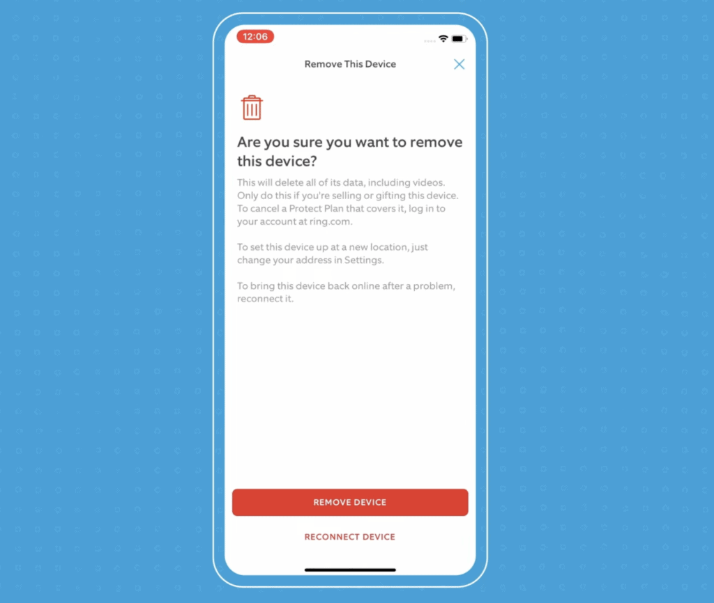 Screenshot of the Remove Device option in the Ring app