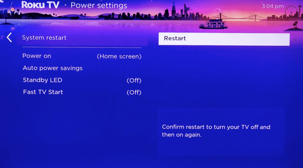 Photo of the Restart option under Power Settings of a Roku device