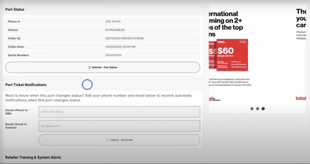 Port status tracking website in Verizon