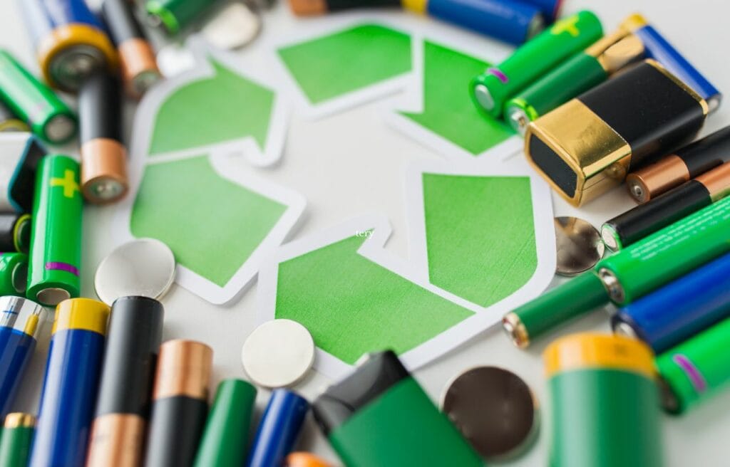 batteries and a recycle sign