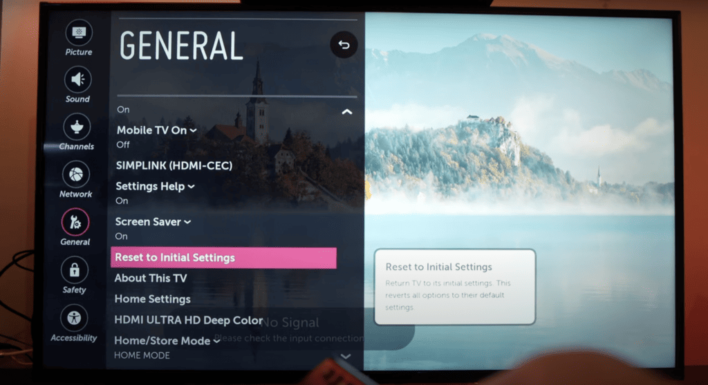 Pressing the Reset to Initial Settings in the LG TV