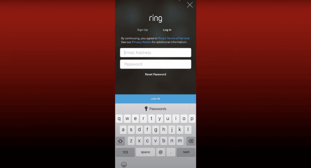 Logging in to the Ring app on the phone