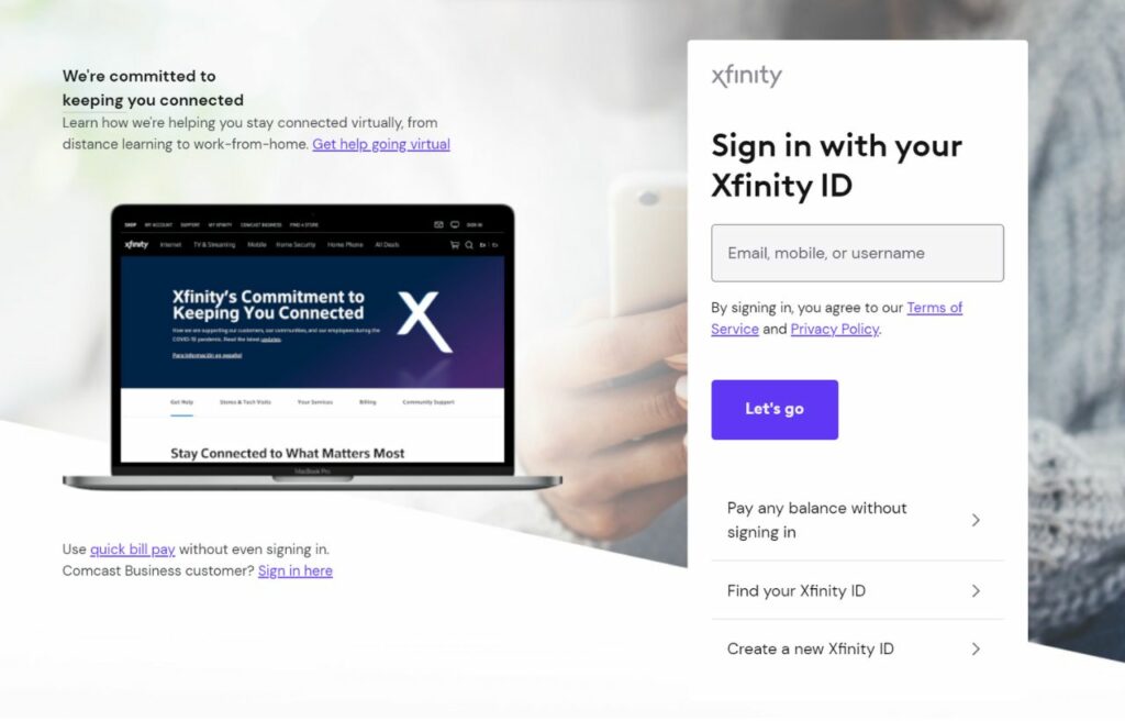 Xfinity log in page