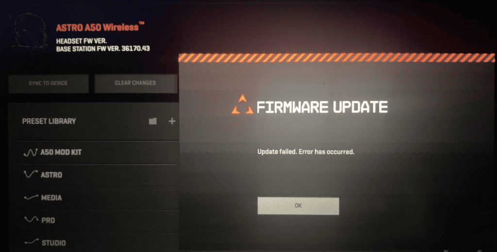 Astro A50 firmware update on its app