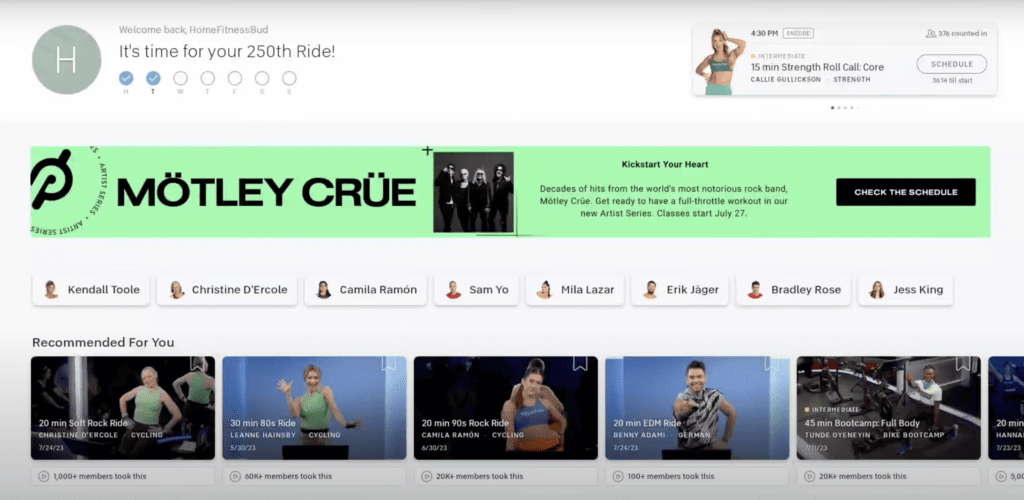 Peloton app showing on the Samsung TV screen