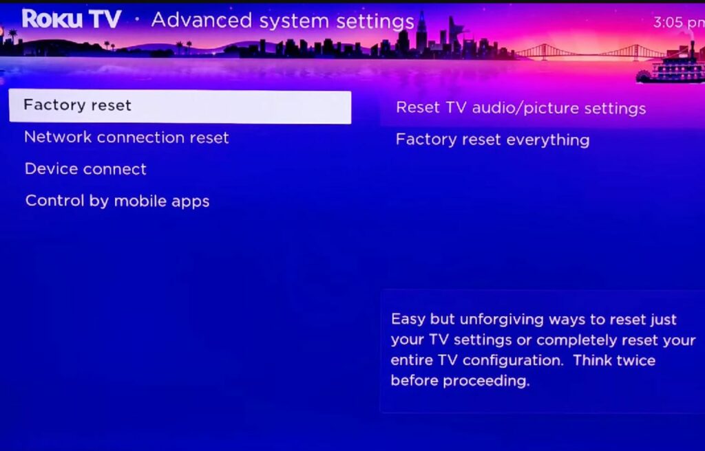 Roku TV factory reset on screen